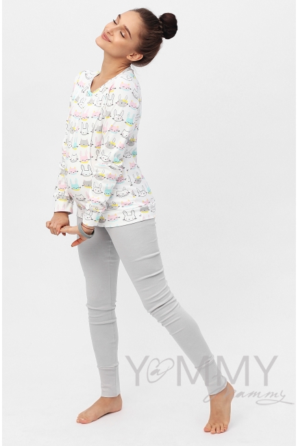 Комплект для дома серый с принтом "зайчики/котики"