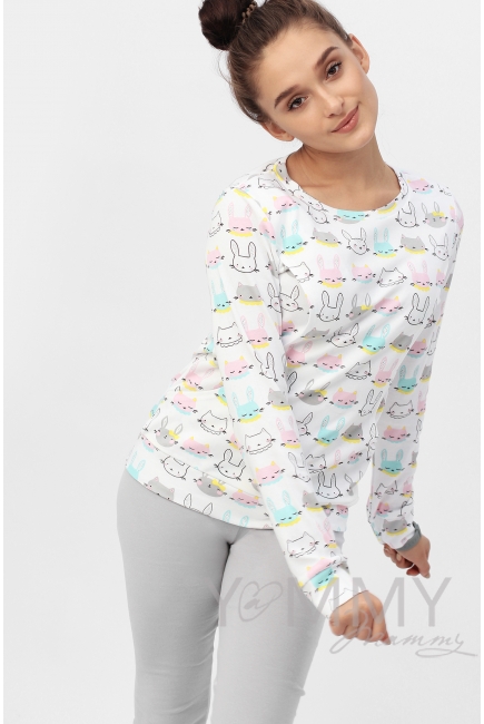 Комплект для дома серый с принтом "зайчики/котики"