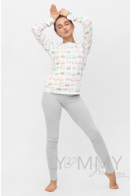 Комплект для дома серый с принтом "зайчики/котики"