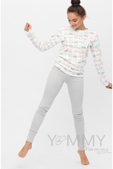 Комплект для дома серый с принтом "зайчики/котики"