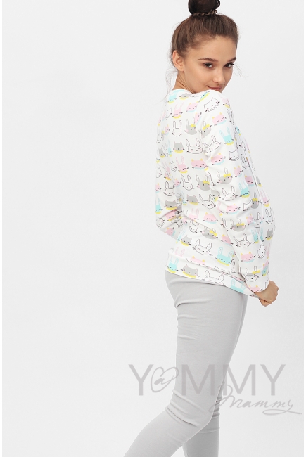 Комплект для дома серый с принтом "зайчики/котики"