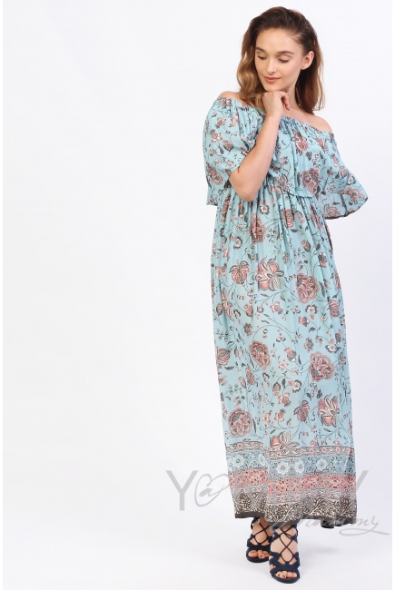 Платье-сарафан с оборкой по плечам голубое для кормящих