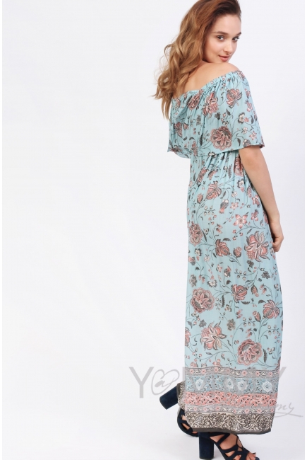 Платье-сарафан с оборкой по плечам голубое для кормящих