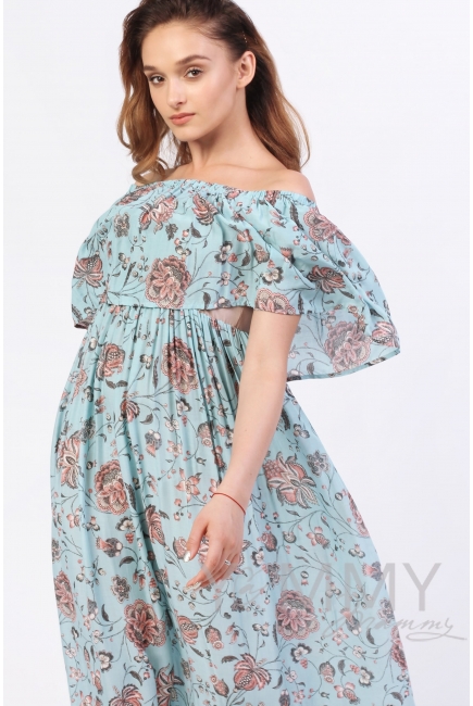 Платье-сарафан с оборкой по плечам голубое для кормящих