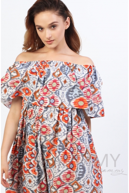 Платье-сарафан для беременных и кормящих, с оборкой по плечам оранжевое