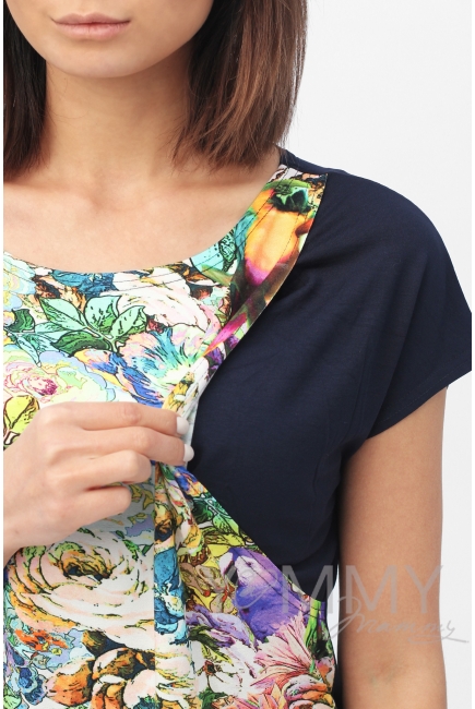Платье-туника для беременных и кормящих, темно-синее с цветочным принтом