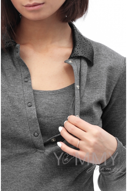 Платье с ажурным кожанным воротником темно-серый меланж для беременных