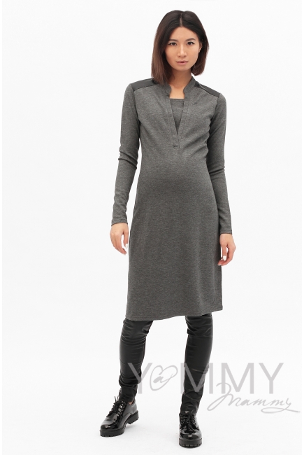 Платье с отделкой из экокожи для кормящих и беременных, темно-синий