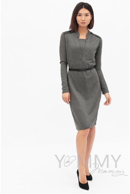 Платье с отделкой из экокожи для кормящих и беременных, темно-синий