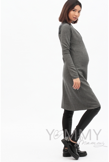 Платье с отделкой из экокожи для кормящих и беременных, темно-синий