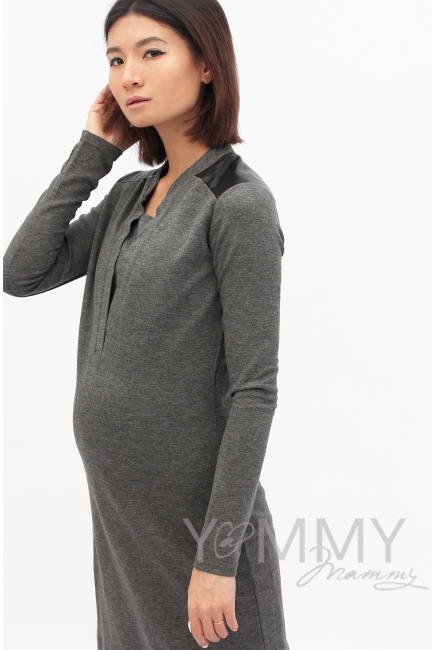 Платье с отделкой из экокожи для кормящих и беременных, темно-синий