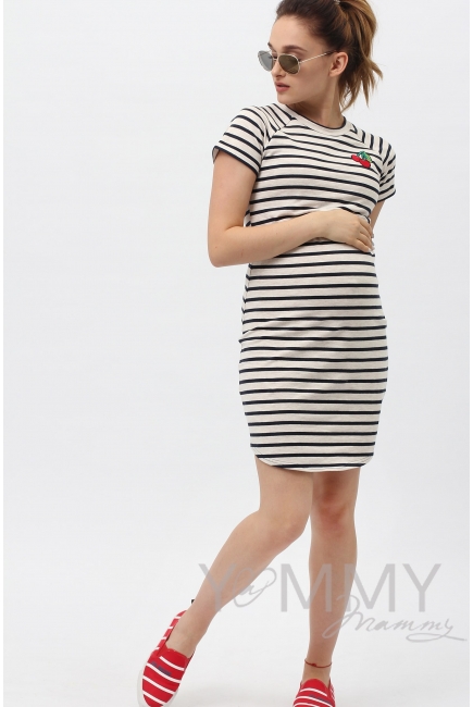 Платье для кормящих и беременных, в полоску с вышивкой вишня