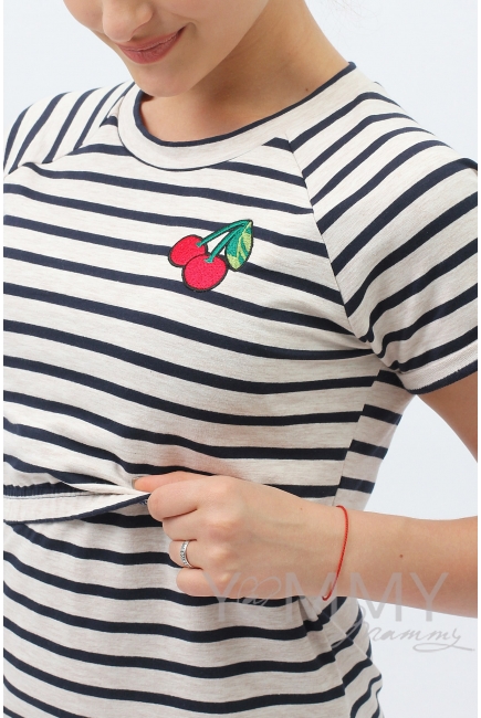 Платье для кормящих и беременных, в полоску с вышивкой вишня