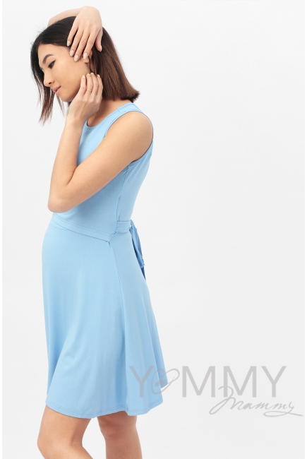 Платье для беременных и кормящих с пояском, голубое