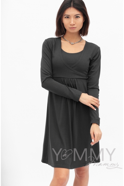 Платье графитовое с пояском на спине для беременных
