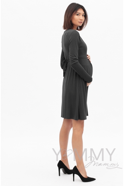 Платье графитовое с пояском на спине для беременных