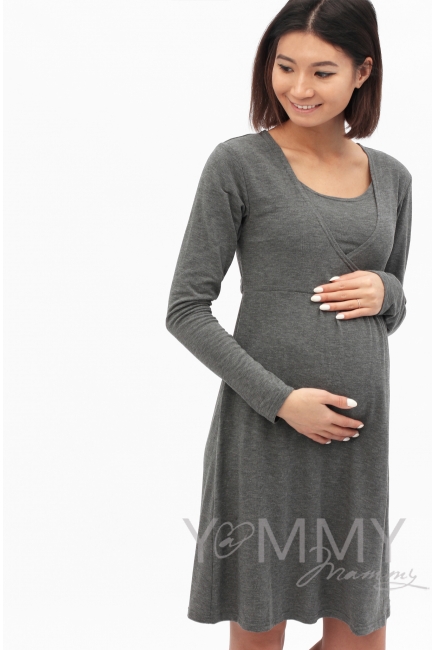 Платье с пояском на спине для беременных и кормящих, серый меланж