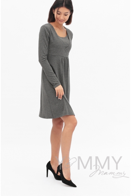 Платье с пояском на спине для беременных и кормящих, серый меланж