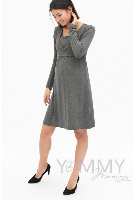 Платье с пояском на спине для беременных и кормящих, серый меланж
