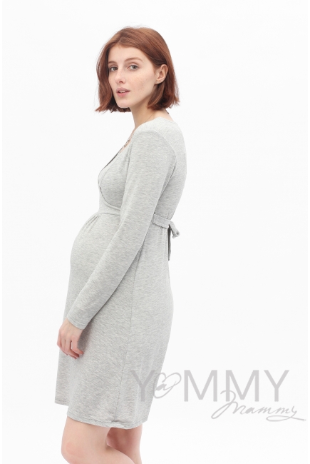 Платье с пояском на спине для кормящих и беременных, светло-серый меланж