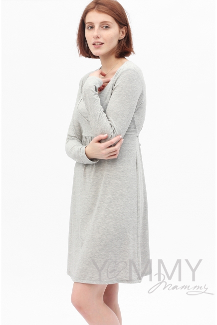 Платье с пояском на спине для кормящих и беременных, светло-серый меланж