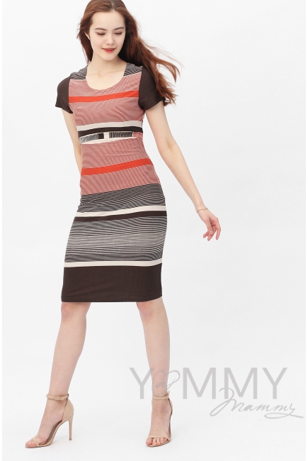 Платье с пояском теракот / коричневая / бежевая полоска 1 для кормящих