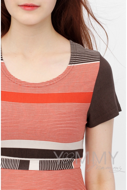 Платье с пояском теракот / коричневая / бежевая полоска 1 для кормящих