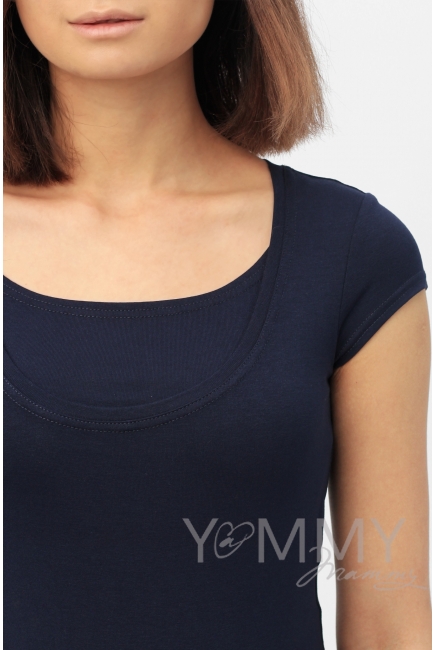 Платье с юбкой на сборке темно-синее с цветочным принтом для кормящих