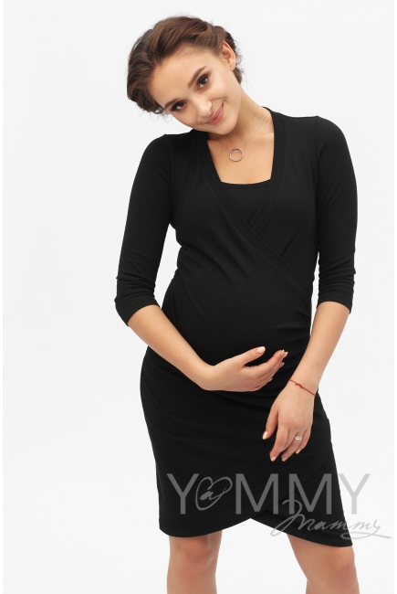 Платье для беременных и кормящих со складками, черное