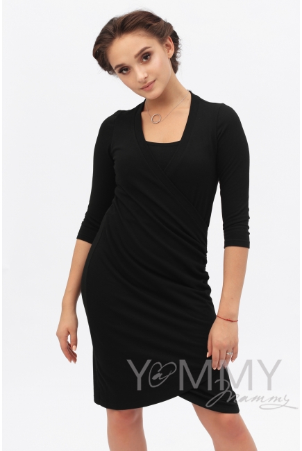 Платье для беременных и кормящих со складками, черное