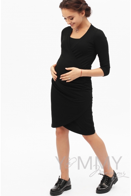 Платье для беременных и кормящих со складками, черное