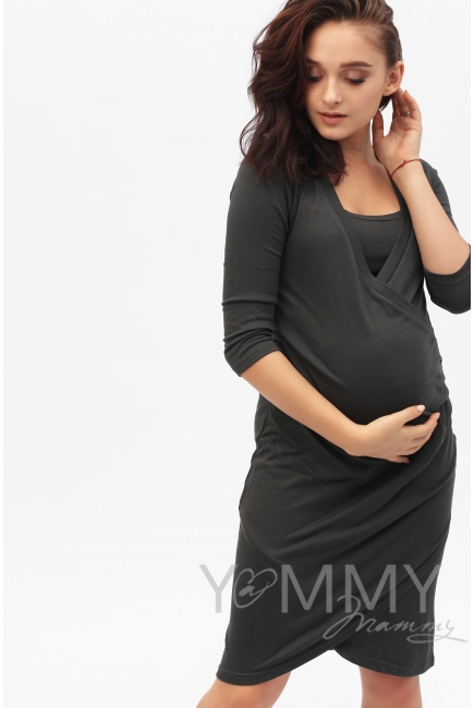 Платье со складками графит для кормящих
