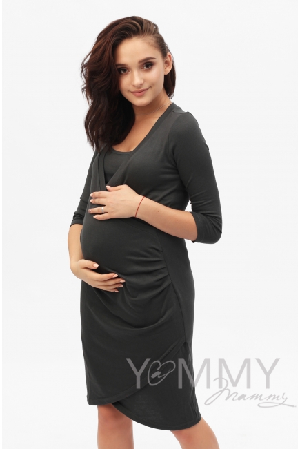 Платье со складками графит для кормящих