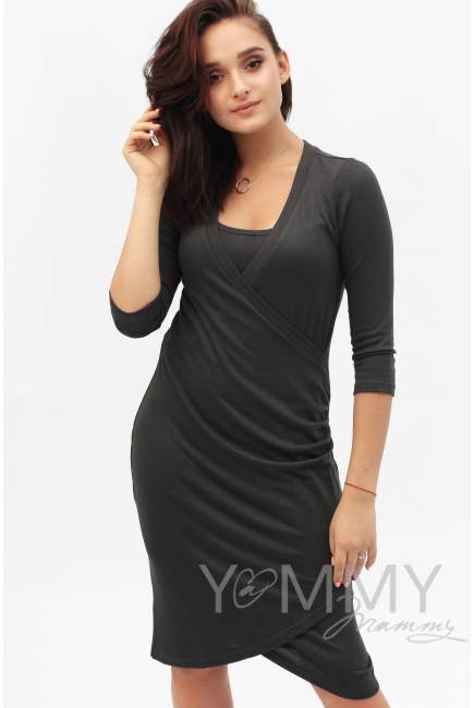 Платье со складками графит для кормящих