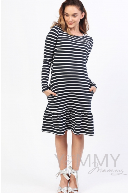 Платье для кормящих и беременных с воланом, синее в полоску