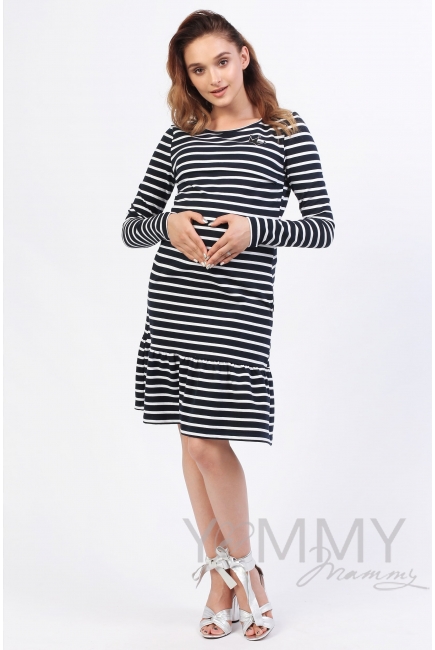 Платье для кормящих и беременных с воланом, синее в полоску