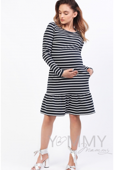 Платье для кормящих и беременных с воланом, синее в полоску