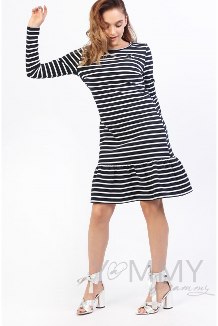 Платье для кормящих и беременных с воланом, синее в полоску