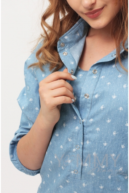 Рубашка для кормящих и беременных джинсовая, голубая с принтом "зонтики"