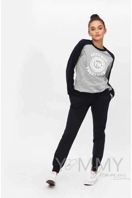 Толстовка для кормящих и беременных с принтом серый меланж, цвет темно-синий