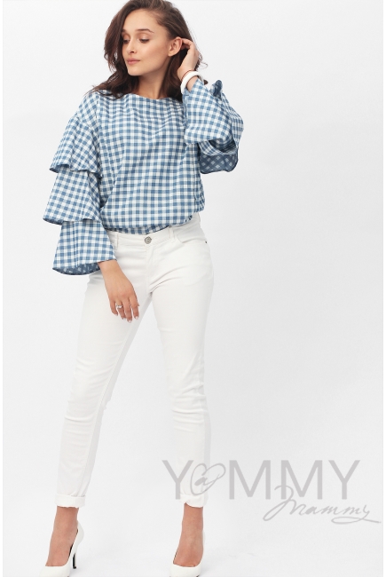 Блуза для кормящих и беременных джинс с воланами на рукавах, голубая в клеточку