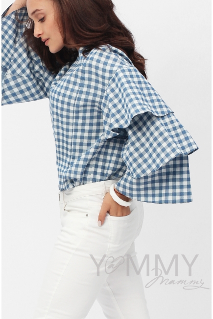 Блуза для кормящих и беременных джинс с воланами на рукавах, голубая в клеточку