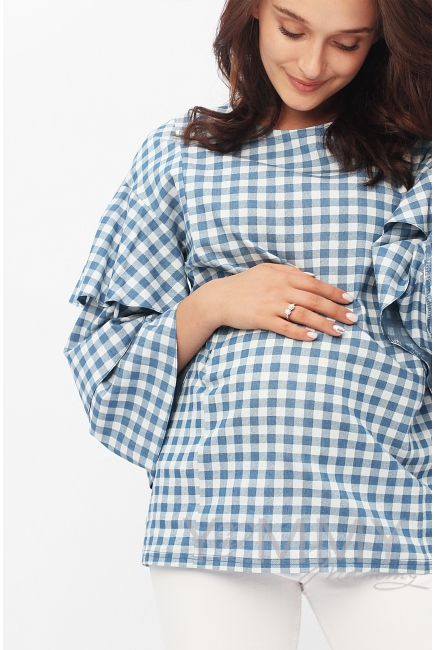 Блуза для кормящих и беременных джинс с воланами на рукавах, голубая в клеточку