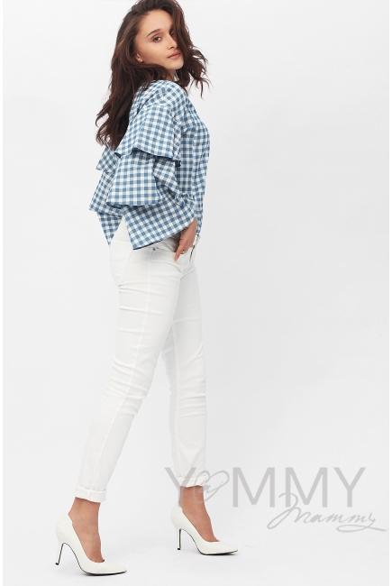 Блуза для кормящих и беременных джинс с воланами на рукавах, голубая в клеточку