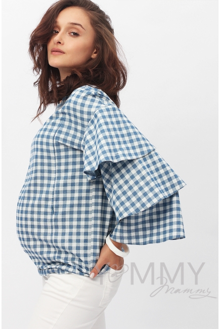 Блуза для кормящих и беременных джинс с воланами на рукавах, голубая в клеточку