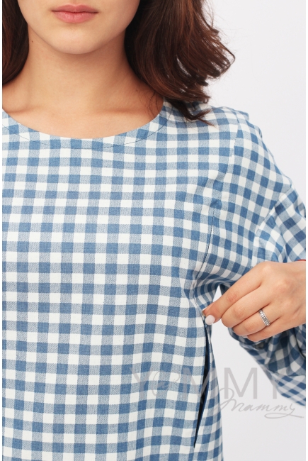 Блуза для кормящих и беременных джинс с воланами на рукавах, голубая в клеточку