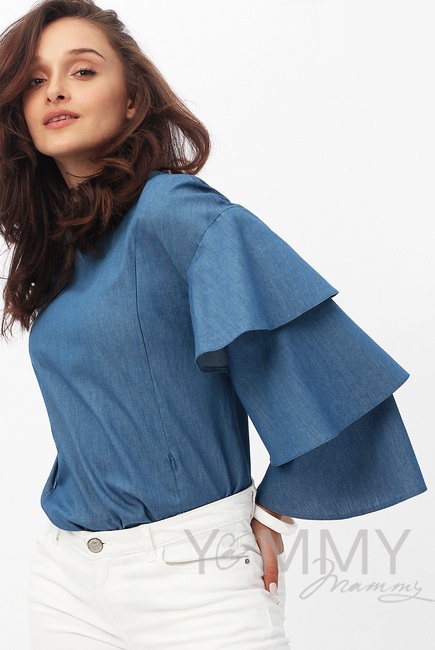 Блуза для беременных и кормящих джинс с воланами на рукавах, синий