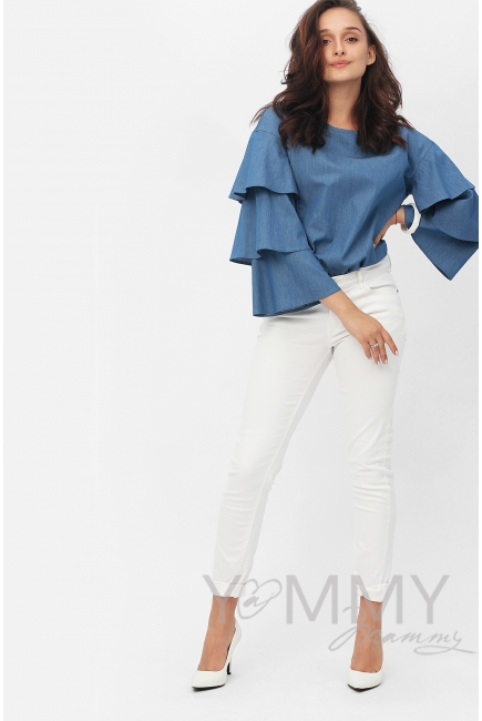 Блуза для беременных и кормящих джинс с воланами на рукавах, синий