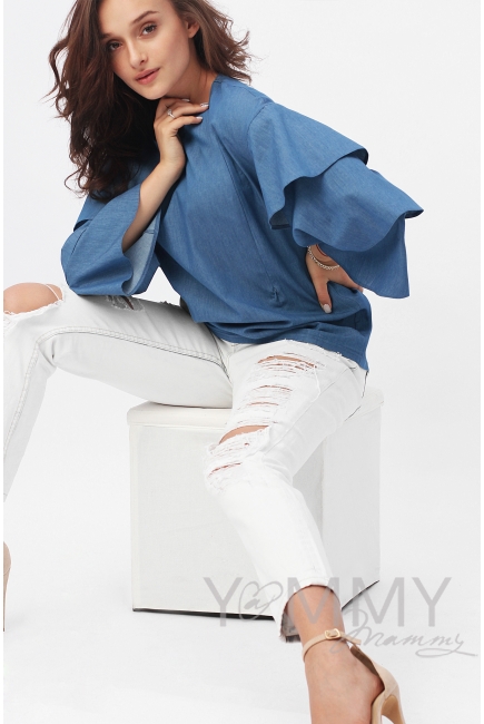 Блуза для беременных и кормящих джинс с воланами на рукавах, синий