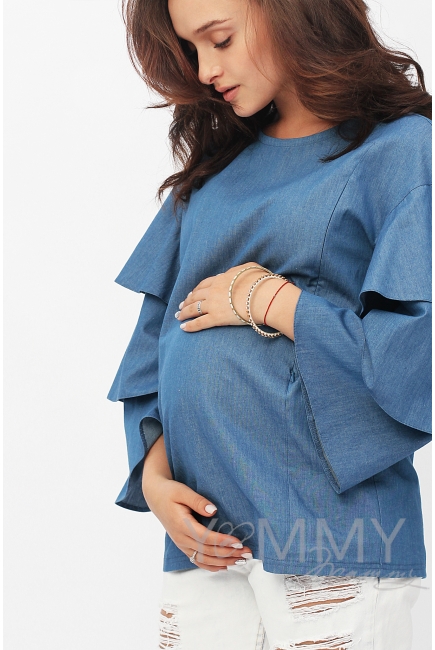 Блуза для беременных и кормящих джинс с воланами на рукавах, синий